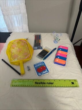 Yellow Floral Clear Pencil Case with School Supplies NWT